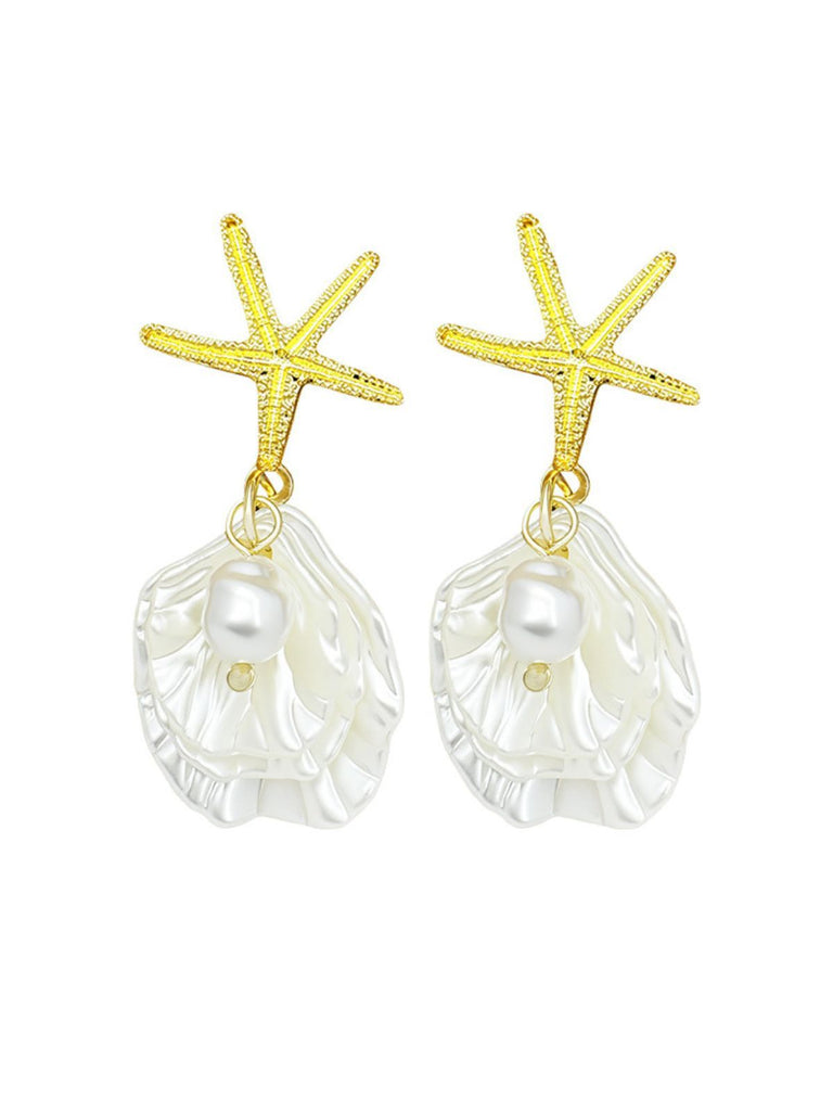 Boucles d'oreilles pendantes en coquillage d'étoile de mer doré perle