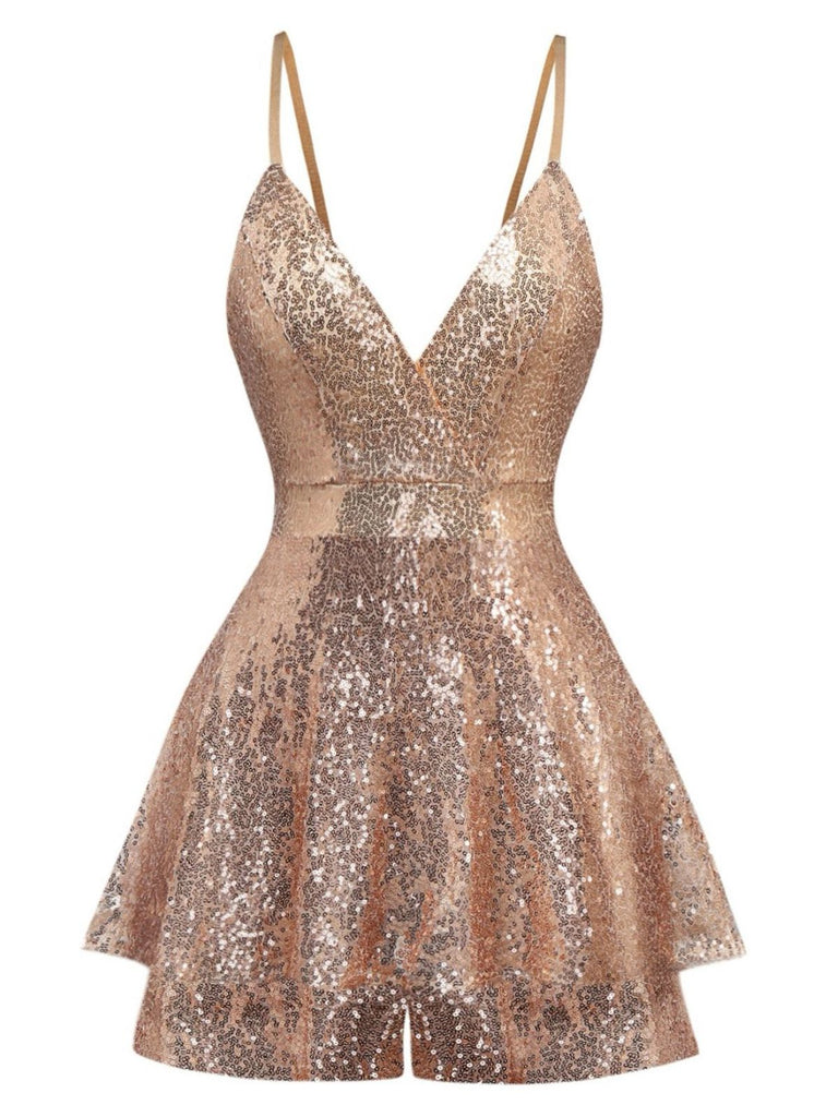 Combishort-culotte à bretelles et col en V à paillettes des années 1960