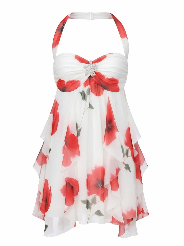 Robe babydoll rouge dos nu et ourlet asymétrique années 1960