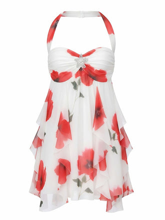 Robe babydoll rouge dos nu et ourlet asymétrique années 1960