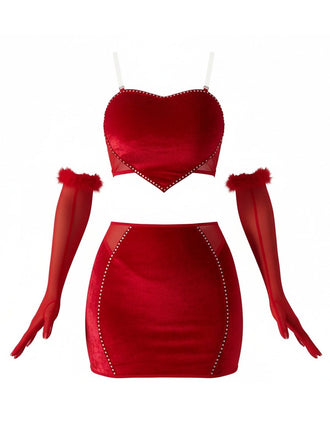 2PCS Ensemble crop top et jupe en velours rouge années 1980