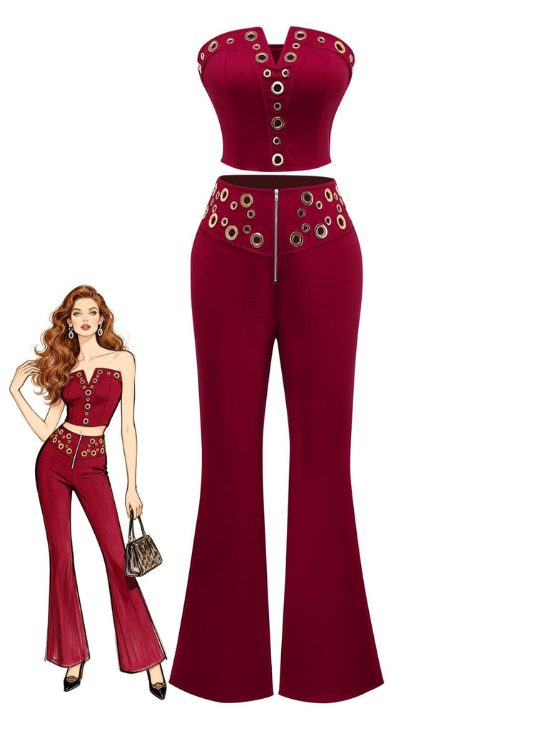 2PCS Haut & Pantalon Punk Sans Bretelles Boucle Métallique Année 1970