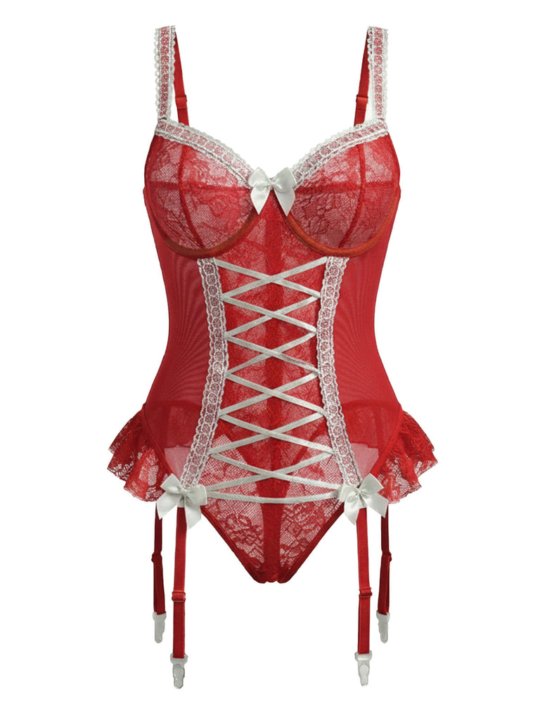 Corset en dentelle rouge avec nœud et bas assortis années 1960