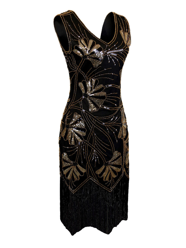 Robe col en V et perles pailletées des années 1920