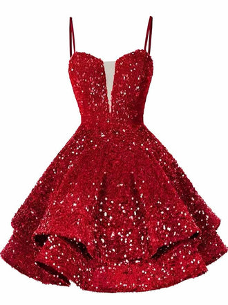 Robe de soirée mini rouge à paillettes décolleté en V profond et lacets années 1950