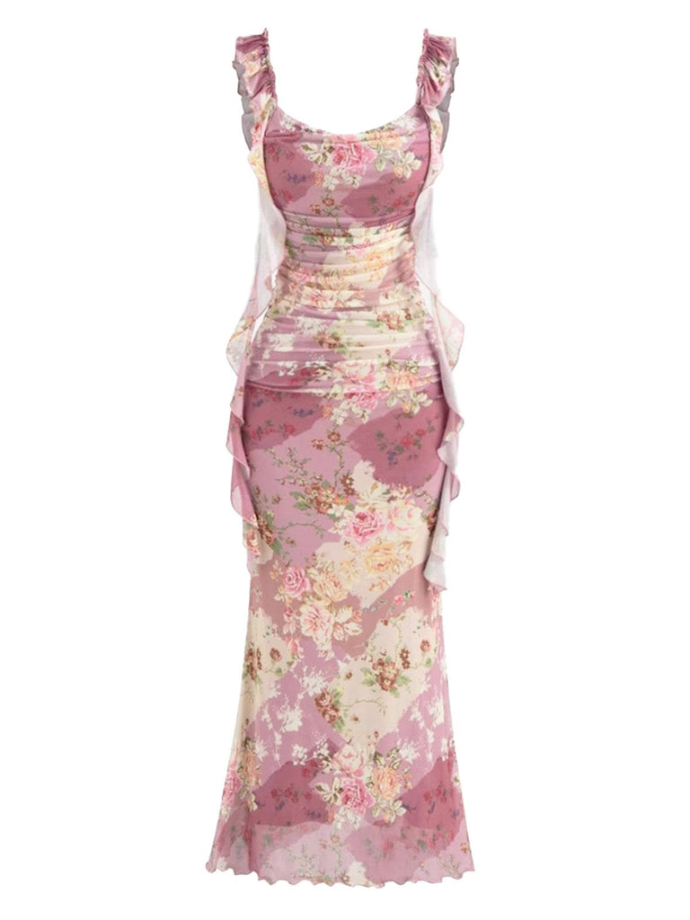 Robe longue rose poudré à volants et détails floraux années 60