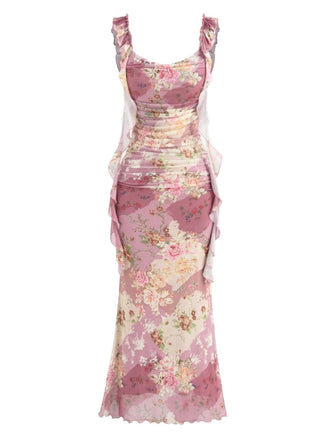 Robe longue rose poudré à volants et détails floraux années 60