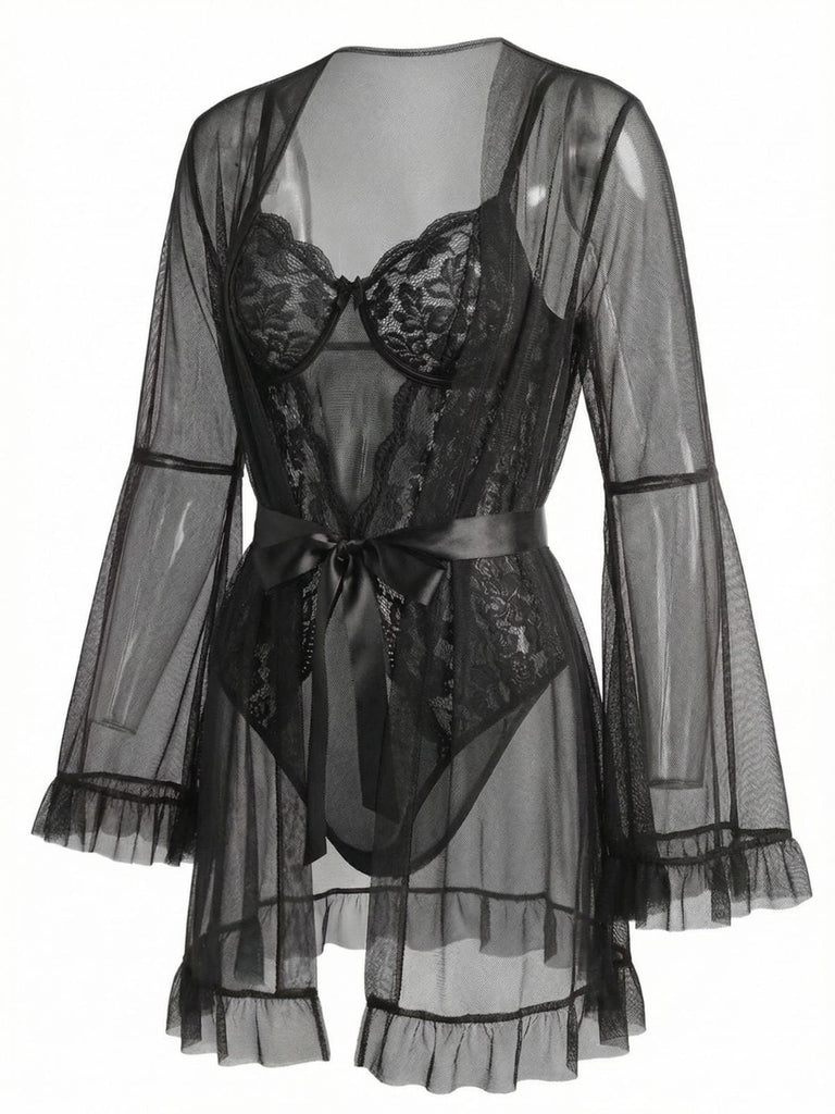 Ensemble de pyjama patchwork en dentelle transparente rouge années 1960