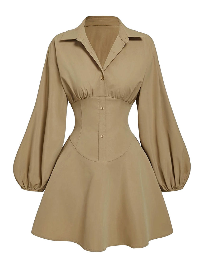 Robe beige manches bouffantes col revers et taille élastiquée années 60