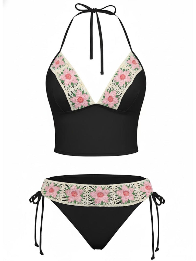 Ensemble Bikini Taille Haute Fleurs Brodées Artisanal Années 50