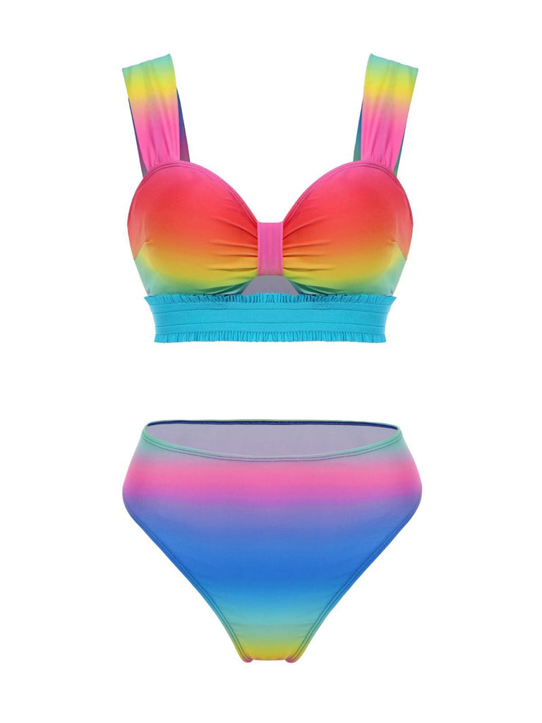 Ensemble bikini froncé multicolore dégradé arc-en-ciel et cache-maillot années 1960