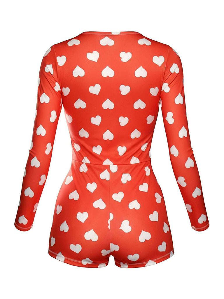 Combinaison pyjama col en V et imprimé cœur années 80