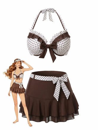 [Prévente] Maillot De Bain Jupe Bretelles Nues Marron À Pois Volants Année 1970