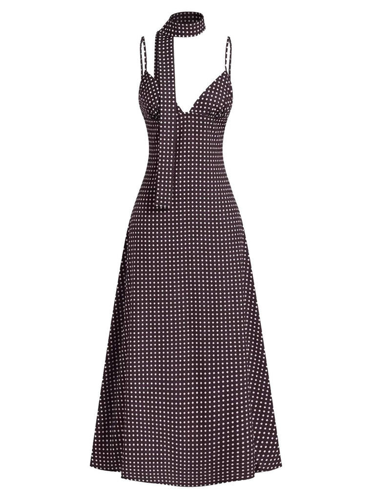 Robe marron à pois col en V et bretelles spaghetti années 1980