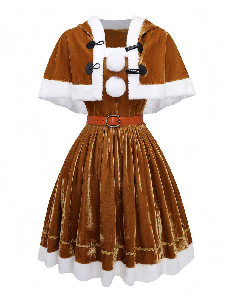 2PCS Cape de Noël marron et robe en velours des années 1940