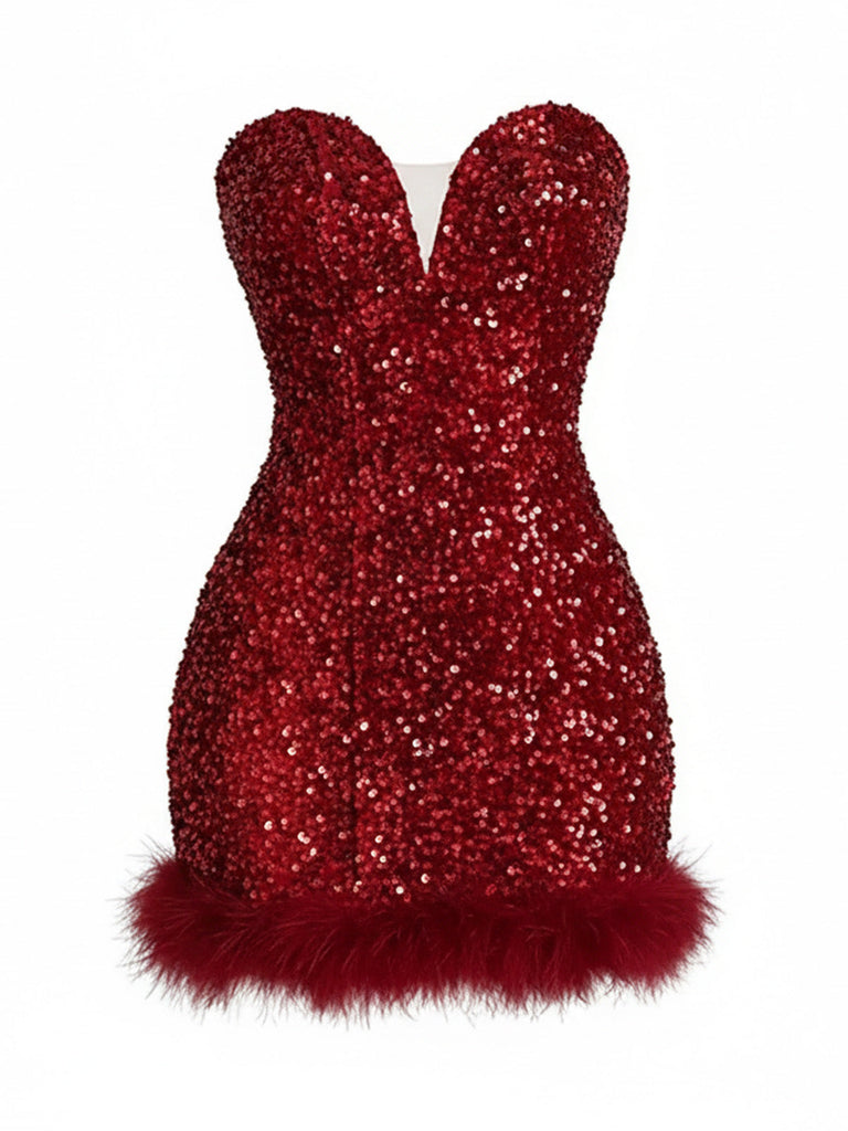 Robe courte lie-de-vin bustier à sequins et plumes années 1980 - 1