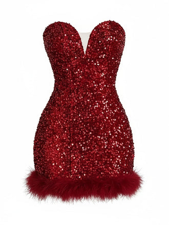 Robe courte lie-de-vin bustier à sequins et plumes années 1980 - 1