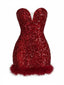 Mini-robe bustier rouge vin sequins et bordure plumes années 80
