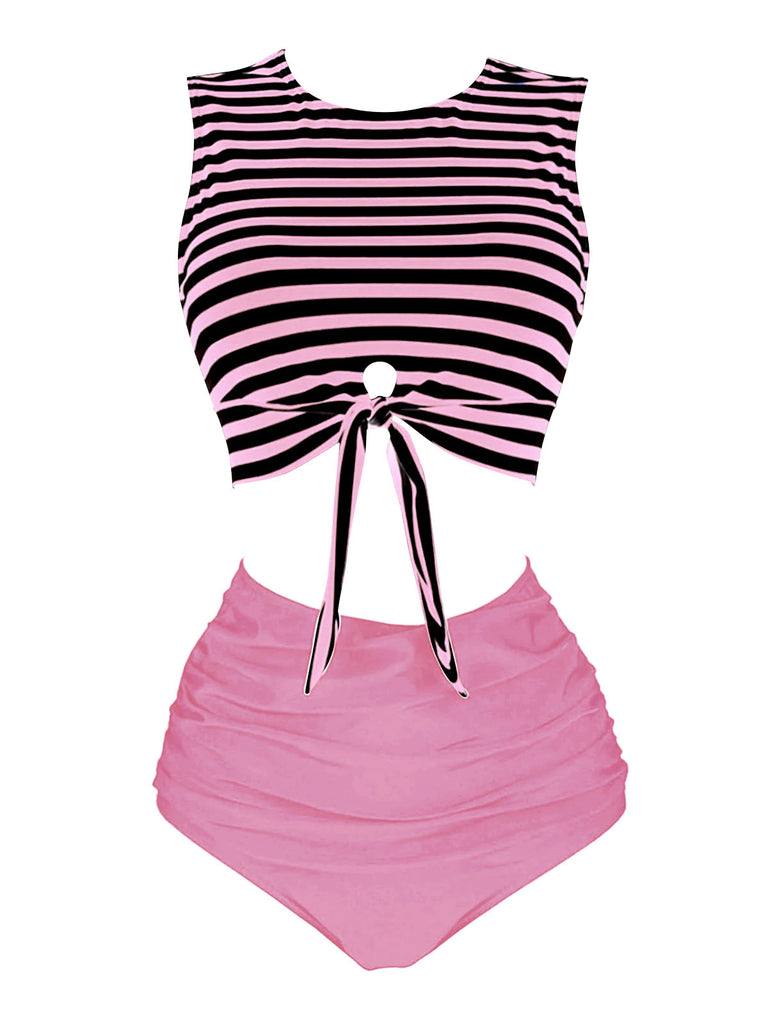 Maillot de bain à rayures à lacets violette des années 1970