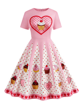 [Prévente] Robe trapèze rose motif gâteau de Saint-Valentin des années 50