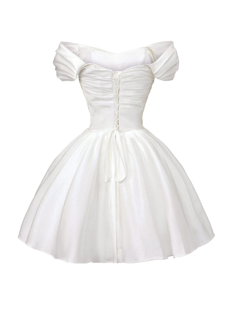 White 1960s Satin Off-Shoulder Mini Dress
