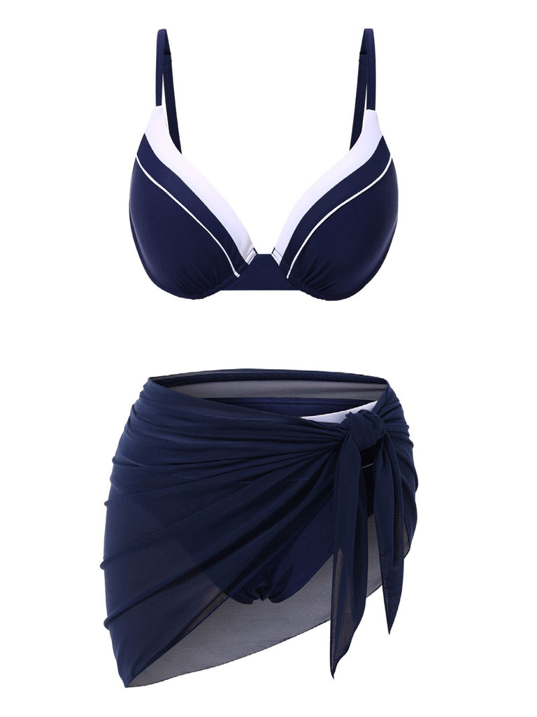 Maillot de bain et cache-maillot patchwork bleu uni des années 1960