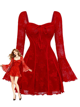 Robe en maille rouge à manches cloche et nœud floral style années 1960