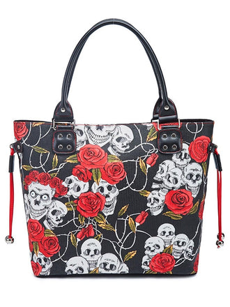 Sac à main vintage punk imprimé tête de mort et rose
