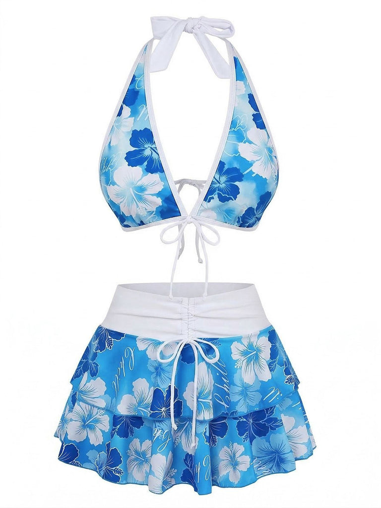 [Prévente] Ensemble bikini rose à imprimé floral à nouer sur le devant et à volants années 1960