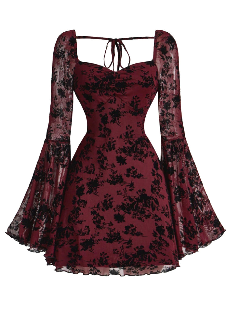 [Prévente] Robe vin rouge en dentelle florale manches évasées des années 1950
