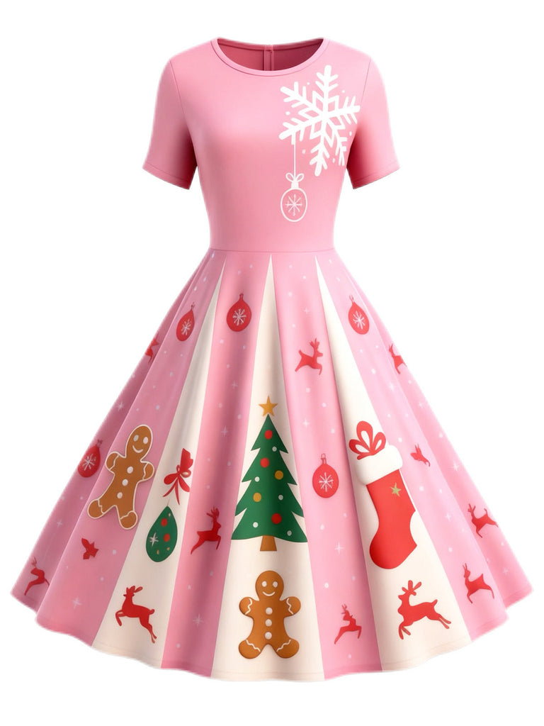 [Prévente] Robe trapèze rose motif flocon de neige des années 1950