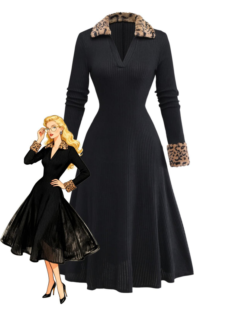 Robe en maille côtelée noire bordure en fausse fourrure léopard style années 1940