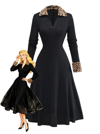 Robe en maille côtelée noire bordure en fausse fourrure léopard style années 1940