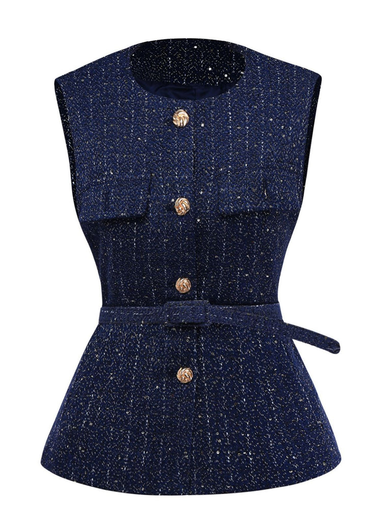 Gilet en tweed uni à boutons et ceinture années 1960