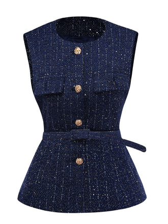 Gilet en tweed uni à boutons et ceinture années 1960