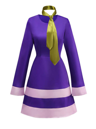 Robe Mod violette inspirée de Daphné des années 1960 avec foulard