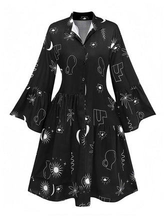 Robe chemise noire à manches évasées imprimée années 1970