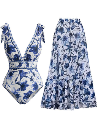 2PCS Cache-maillot de bain bleu à fleurs années 1940