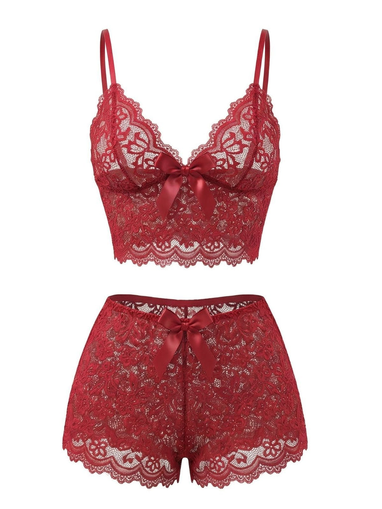 Ensemble De Pyjama Bretelles Fin Dentelle Fleurie Nœud Rouge Année 1960