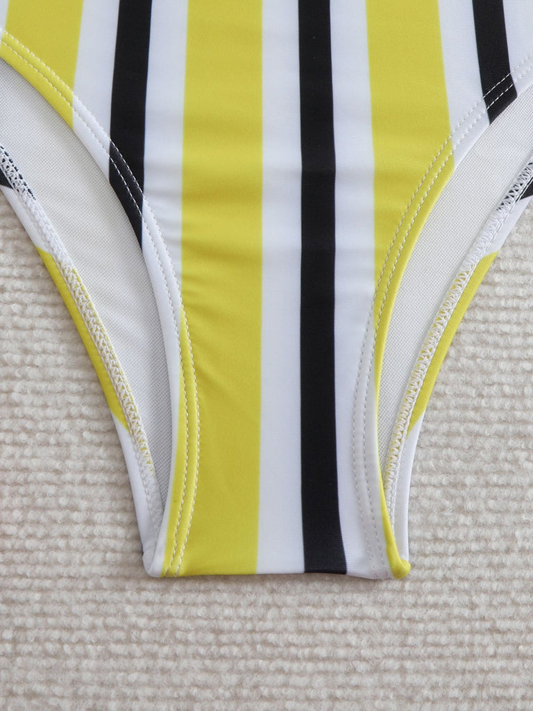 Ensemble bikini à bretelles rayures verticales contrastées nœud années 1940