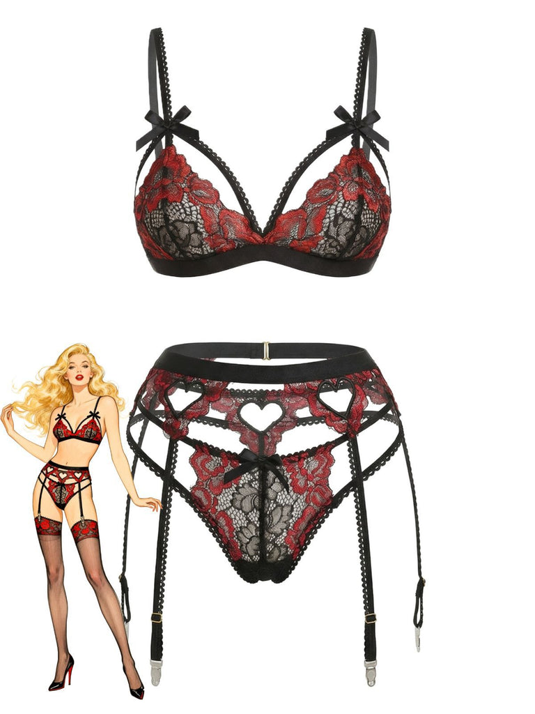 3PCS Ensemble De Lingerie Dentelle Noire Motif Cœur Année 1960