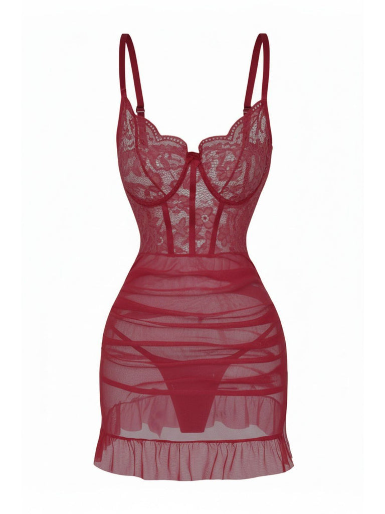 Nuisette en dentelle transparente à armatures et volants années 1980