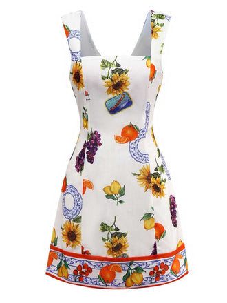 Robe col carré et dos noué à motif tournesol et fruits des années 1960