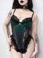 Body croisé verte gothique en dentelle et velours années 1970