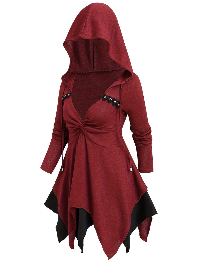 Haut tunique à capuche gothique rouge à ourlet asymétrique des années 1980