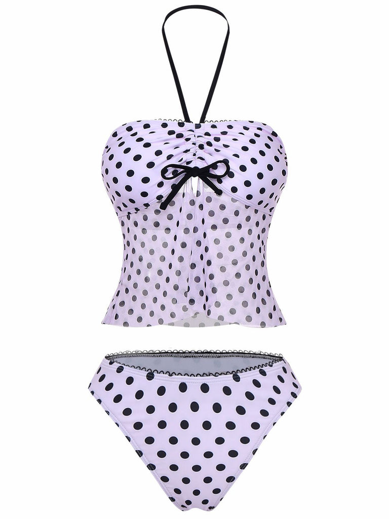 Ensemble tankini rose à pois et nœud années 1950