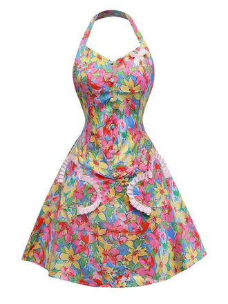 Robe Multicolore Halter Fleurs Nœud Cœur Années 1960