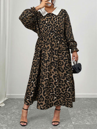 [Grande taille] Robe léopard à manches longues à revers années 1970