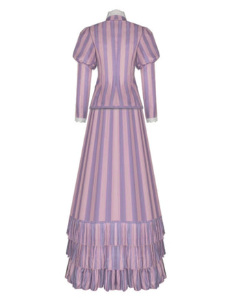 Ensemble de costume à volants et rayures Les Noces funèbres lavande des années 1930