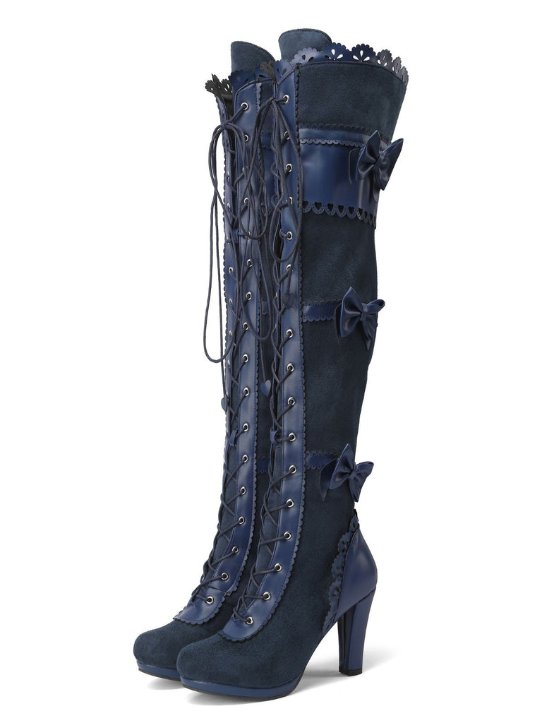 Bottes hautes à talons lacets et nœud style vintage